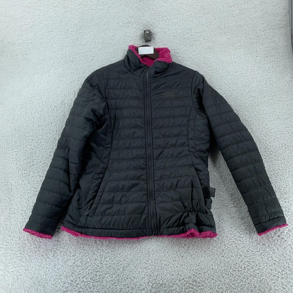The North Face Reversible Jacket Girls XL 18 Black Pink Puffer Fuzzy Fleece Warm